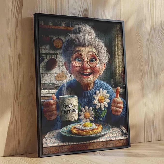 Happy Grandma Jigsaw Puzzles for Adults Granny's Breakfast 1000 Pieces Puzzles for Challenging Family Activity Games Sunshine Kitchen Art Jigsaw Puzzle DIY Craft Puzzles Home Decor 20x27 Inches