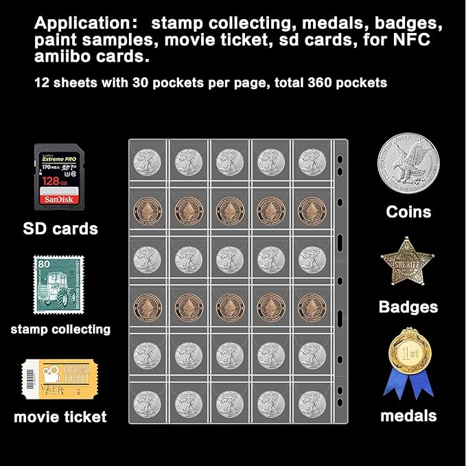 12 Sheets Coin Collection Pages, Pocket Page with 360 Pockets, Coin Binder Inserts Sleeves with Standard 9 Hole for Coin Album. Storage Holder for Currency, Stamp and Other Supplies (30 Pockets)