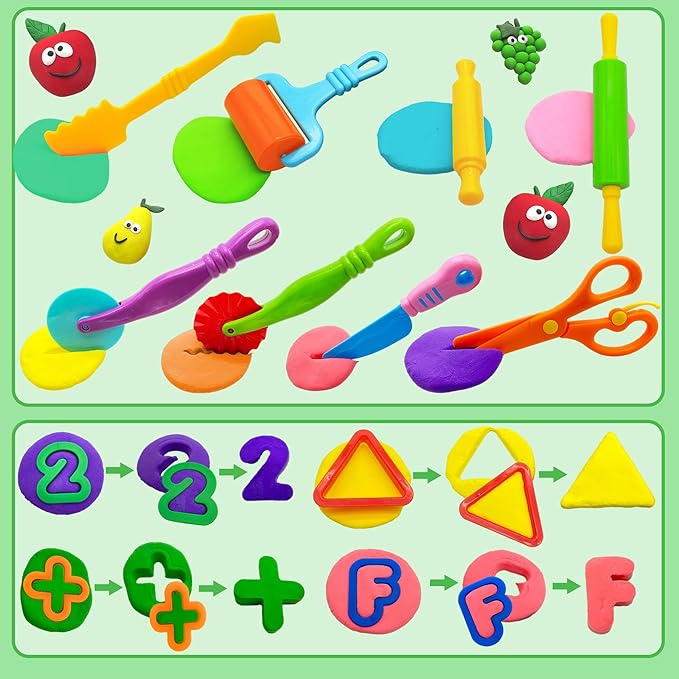 Dough Tools 55 PCS Dough Play Tools Set for Kids, Plastic Alphabet Numbers Shapes Cutters, Rollers, Scissors