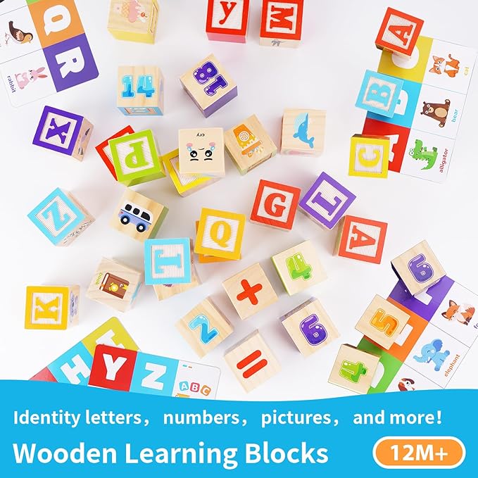 KMTJT Wooden Alphabet Blocks for Toddlers 1-3 | ABC Stacking Blocks Toys for 1 2 3 Year Old Kids | One Year Old Girl Boy 1st First Birthday Gifts | Number Building Blocks Learning Educational Toys