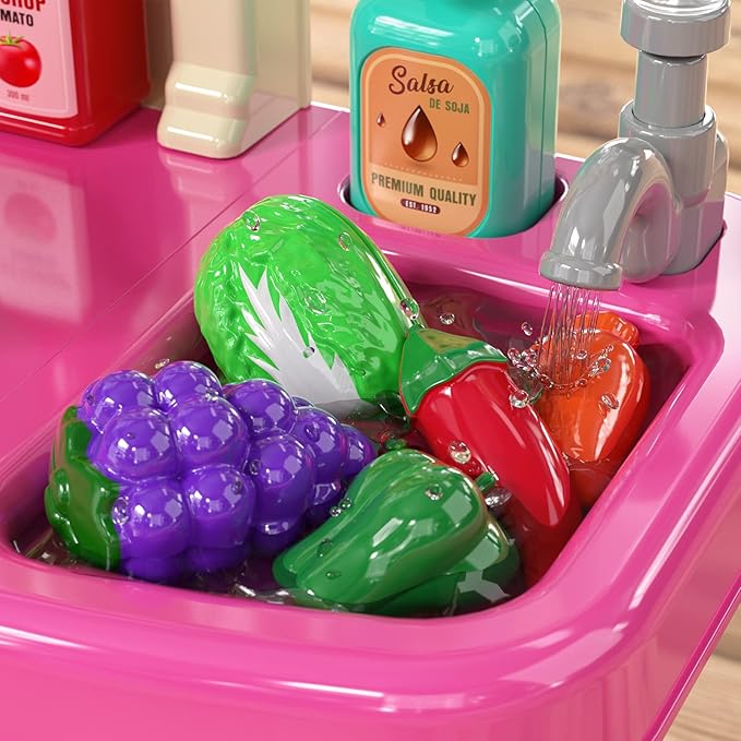 Kitchen Playset for Ages 3-6 4-8, Play Kitchen with Light and Sound, Sink Toy, Pretend Food Toys for Toddlers 3-5 Boys Girls 6-12 (Pink)
