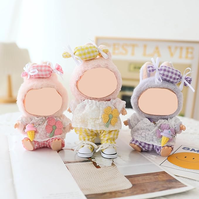 Clothes for Labubu Doll,Clothes for Dolls Accessories,Four-Leaf Clover Candy Summer Replacement Outfit Set 5 Pieces Suitable for Labubu 15&17cm ,Adorable Dress-Up Accessories for Doll (Pink)