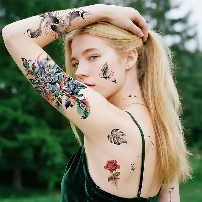 77 Temporary Tattoos for Women, Colorful Constellation Animal Flower Half Arm Fake Tattoos, Realistic Planet Lion Butterfly Rose Peony Tattoo Design