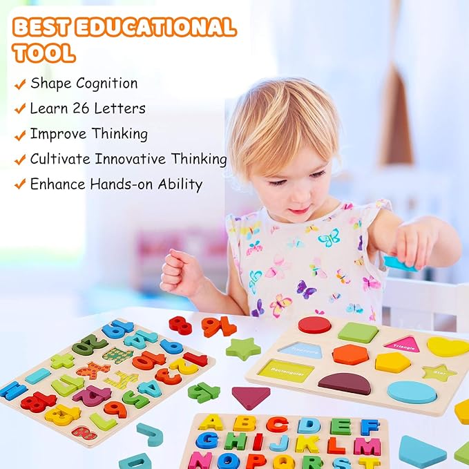 Wooden Puzzles for Toddlers, LENNYSTONE Wood Alphabet Number Shape Puzzles Kids Preschool Learning Toys for Boys Girls Ages 2 3 4 5 Year olds