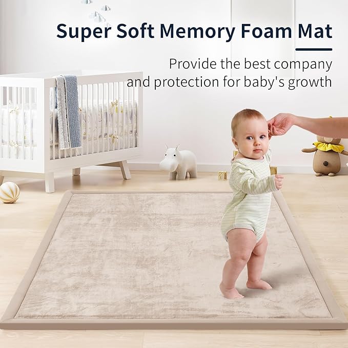 ACOMOPACK Baby Play Mat for Floor 1.3" Thick Memory Foam Play Mat 79"×118" Tummy Time Crawling with Non-Slip Bottom for Living Room,Nursery,Soft Velvet Playpen Mats for Kids,Infants（Beige）