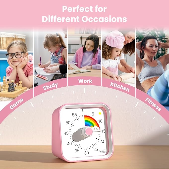 Visual Timer for Kids with Pause Function, Cute Silent Timer with Rainbow for Classroom, Teaching, Task, Kitchen, 60 Minute Countdown Time Management for ADHD (Rainbow Pink)