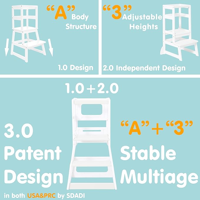 SDADI Adjustable Height Kids Kitchen Step Stool with Removable Safety Rails and Anti-Slip Protection- Toddler Standing Tower with with Ring Toss for Learning and Playing (Beige and Blue)