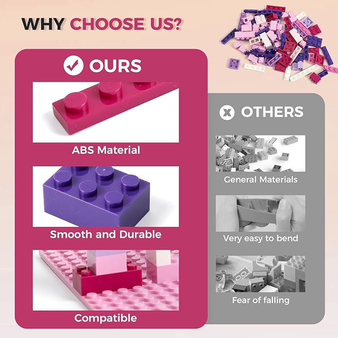 1000 Pieces Classic Building Bricks, Classic Stackable Base Plates, 3 6.3" x 6.3" White, Pink and Purple Base Plates, Compatible with All Major Brands, Toys for Ages 6-7-8-13 Girls