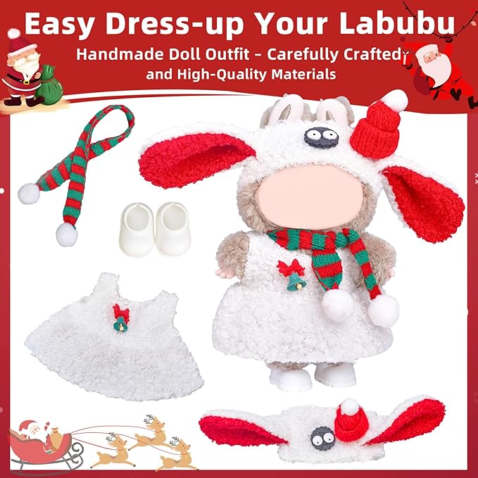 17cm Doll Clothes Designer Set-4 Piece Set Clothing for Dolls, Boys and Girls Stylish Adorable Outfits Clothes Accessories, Includes—Cute Sheep Hat + Plush Dress + Christmas Scarf + Shoes(Style E)