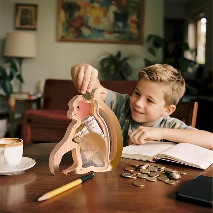 Wooden Monkey Piggy Banks for Kids, Adorable Monkey Piggy Bank with Acrylic Panels, Unbreakable Toddler Money Box for Girls Adults Boys, Cute Saving Coin Jar for Birthday Décor