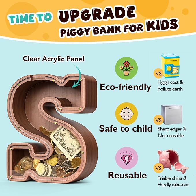 Summidate Wooden Letter Piggy Bank, Extra Thick Large Capacity Piggy Bank for Kids Boys Girls Toddler, Alphabet S Money Bank| Coin Box Birthday, Christmas, Festival