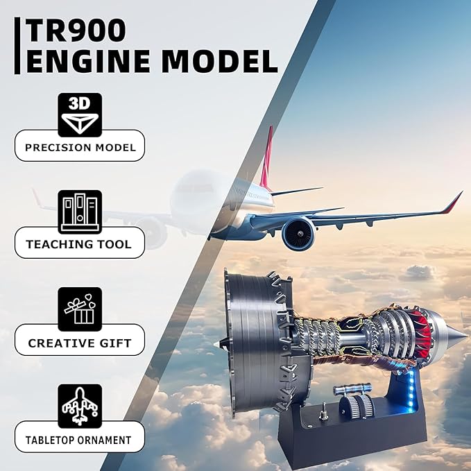 Turbofan Model Kit, Adjustable Speed TR900 Aircraft Engine Turbojet Engine with Light, DIY Mechanical Science Education Toy Gift Decor for Adult, 28cm