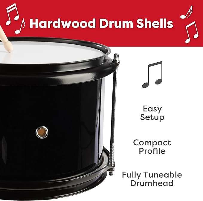 Kids Drum Set - 3-Piece Drum Kit with Cymbal, 2 Toms, Bass Drum and Pedal, Drumsticks, and Throne - Beginner Musical Instruments by Hey Play (Black)