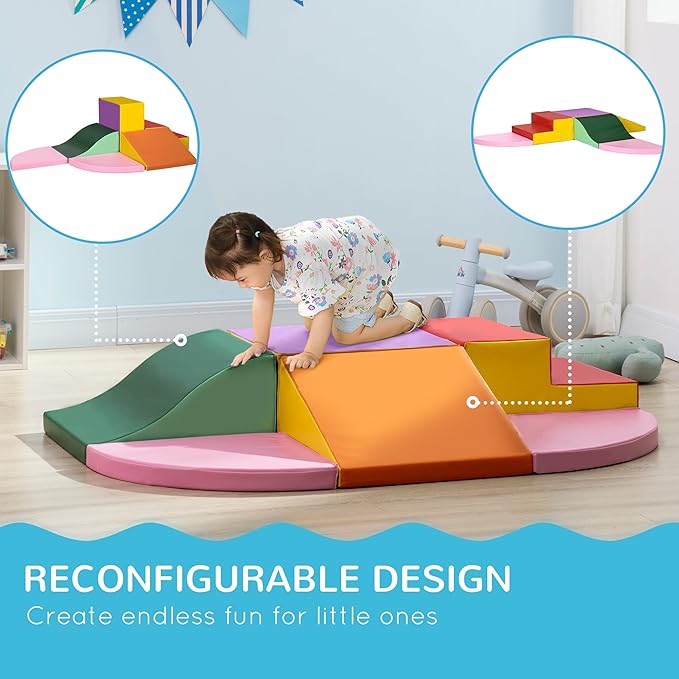 Qaba Kids Soft Play Set, 6-Pieces Foam Climbing Blocks for Toddlers 1-3 Years, Indoor Kids Baby Activity Play Set for Climb and Crawl, Assorted