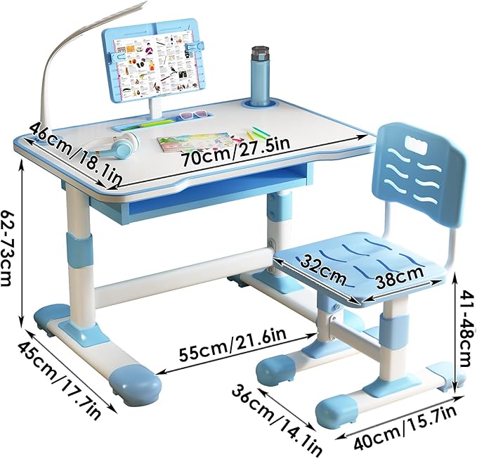 2025 NEW Kid's Study Desk and Chair Set, Ergonomic Height Adjustable Children Study Desk with Tilt Desktop, Book Stand, Light, Metal Hook and Storage Drawer,Gift for Boys Girls (Blue 70cm light)
