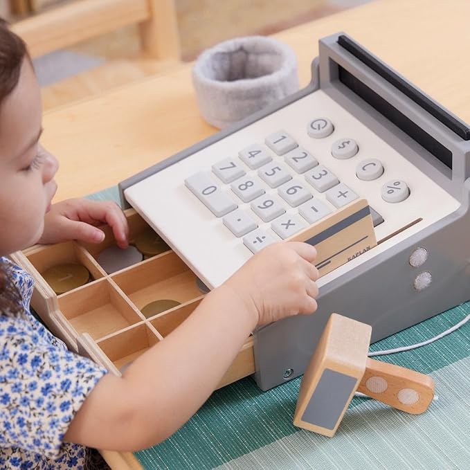 Kaplan Early Learning Wooden Cash Register for Toddlers - Realistic Pretend Play Grocery Store Toy for Dramatic Play - Enhances Imagination & Communication Skills, Ages 18+ Months