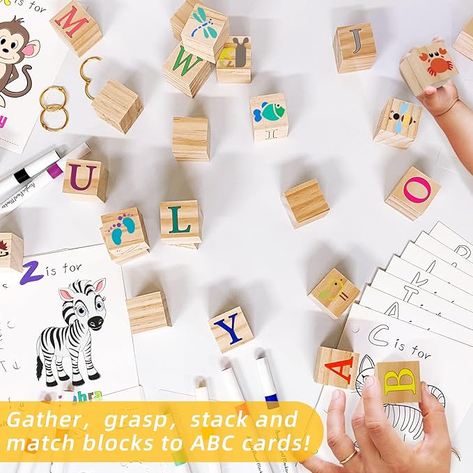 146 Pcs Baby Shower Game Sign Set Includes Decorative Square 54 DIY Blank Wooden Blocks 24 Paint Markers 27 Page Baby‘s First ABC Book (Fox)