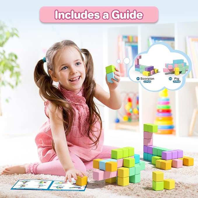 1.34 inch 56PCS Magnetic Blocks for Toddlers 4-8 Large Macaron Magnet Building Cubes for Kids Ages 3-5 Stem Preschool Stack Construction Educational Toys for 3+ Years Old Boys Girls