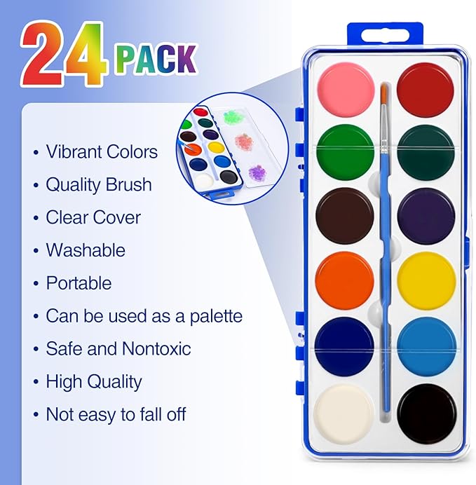 24 Pack Watercolor Paint Set for Kids, 12 Colors Watercolors Paints with Paint Brush, Kids Watercolor Paint Set for Party Favor, Classroom.