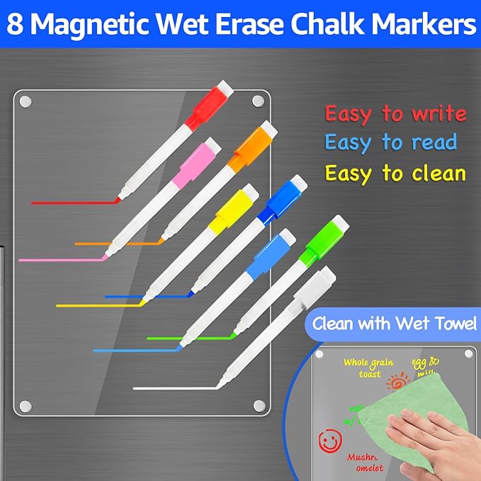 PigPotParty Clear Acrylic Magnetic Whiteboard for Fridge, 1 Pack 9.5"x12" Dry Erase Board Blank Memo to Do Shopping/Grocery List Meal Planner Chore Chart for Adult Teens Kids, w/ 8 Markers & 1 Towel