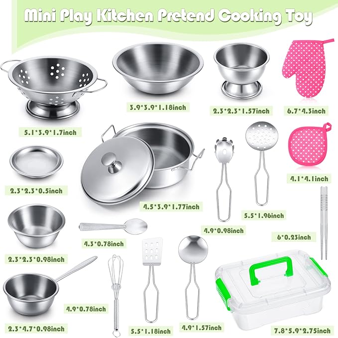 Zomiboo 19 Pieces Kitchen Accessories Toys - Stainless Steel Pretend Cookware Mini Pot Cooking Utensils Set for Chef Play Food Cooking Games - Christmas Birthday Gift