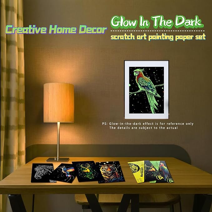 Scratch Paper Art for Adults-Glow in The Dark Scratch Painting Craft Kit (8 Sheets A5)|DIY Foil Engraving Art Set|Stress Relief Gift for Craft Lovers|Creative Scratch Art Home Decor(Animal Series)