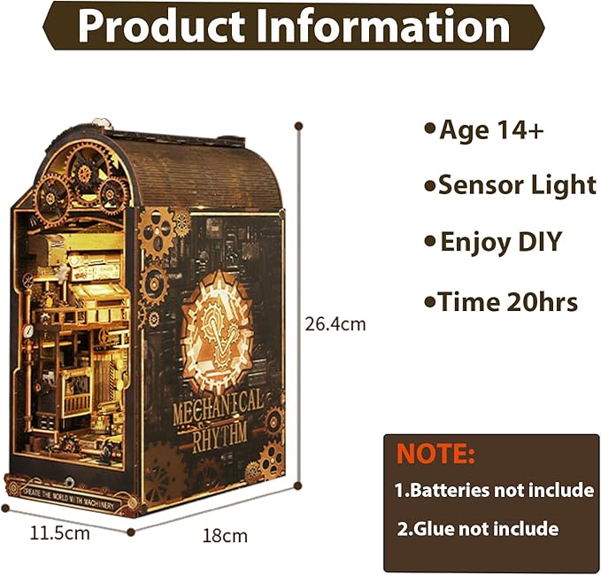ISSEVE Book Nook Kit, 3D Wooden Puzzle DIY Miniature House Kit for Booknook Shelf Insert Decoration, Magic Book House Stand Bookshelf Dollhouse for Adults with Sensor Ligh (Mechanical Rhythm)