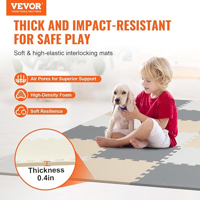 VEVOR 16-Tile Kids Play Mat, 0.4" EVA Foam, 12" x 12" Puzzle Mat, Interlocking Mats for Play Room, Nursery, Living Room, Camel, Gray, Beige