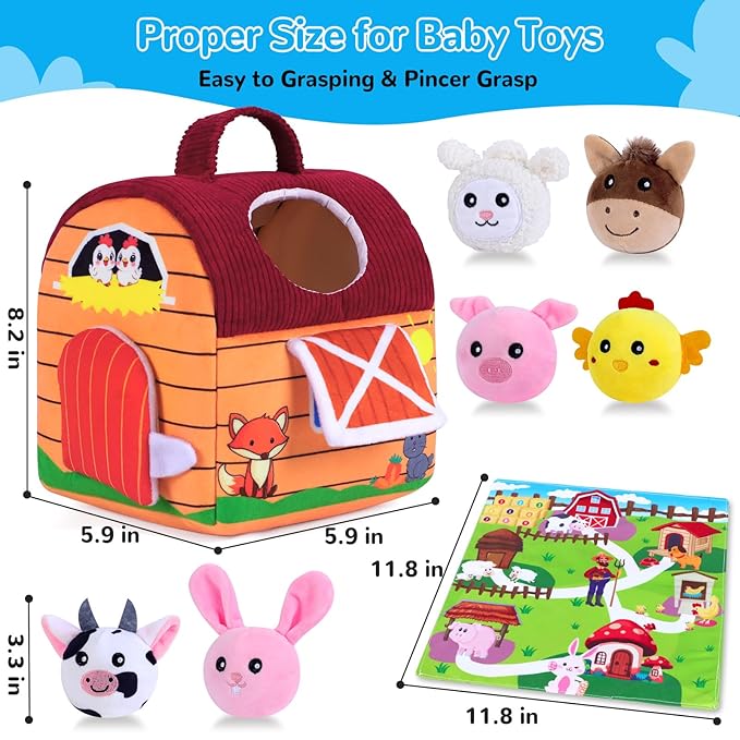 Baby Toys 6-12 Months, Little People Farm with Crinkle, Rattle & Squeaker – Little People Barn with Stuffed Farm Animals for Newborn Infants, Montessori Learning Toys for Babies