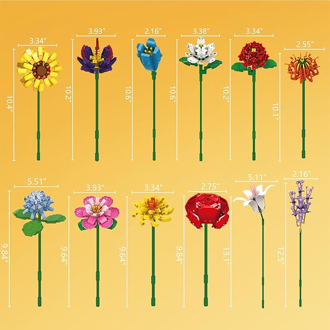 SIENON Flower Bouquet Building Blocks Set-1064PCS, 12 Kinds of Flowers Botanical Collection, Assorted Flowers Brick Toys Creative Project for Home Room Decoration Valentines’ Day Christmas Birthday