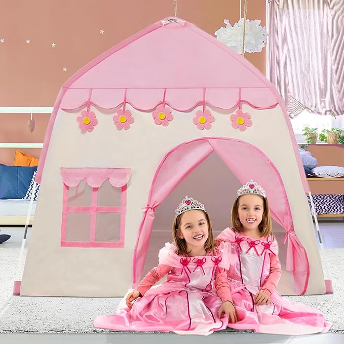 TTLOJ Kids Gift Play Tent, Princess Crown & Wand, for Girls Boys, Princess Playhouse, Pink Castle, Fairy Tale Teepee Tent, Indoor Outdoor, Birthday (Ball Lights NOT Included