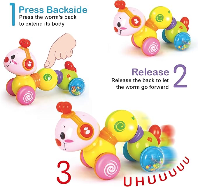 Stone and Clark Musical Press & Go Caterpillar Toy, Baby Toys 6 to 12 Months, Light Up Head Inchworm Infant Toys, Baby Crawling & Educational Toys for 1 Year Old Boys & Girls