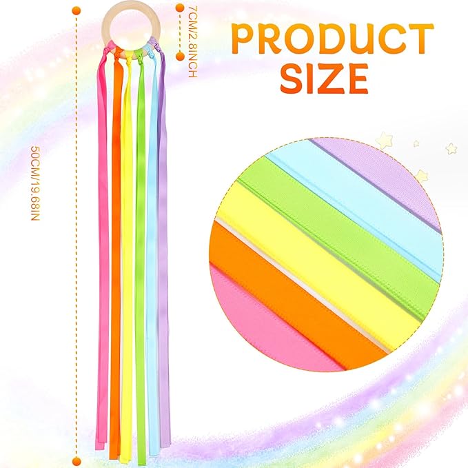 Sumind 6 Pcs Rainbow Ribbon Hand Kites Wands for Kids Dancer Streamer String Toy Thrown Waldorf Wand with Wooden Ring Wand Learning Educational(Fresh Colors)