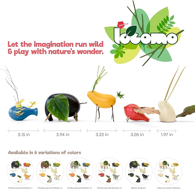 Taksa Toys Locomo Family Black Edition Waldorf Montessori Toys Wooden Animal Figures for Outdoor-Loving Kids, Trigger Boys Girls Creativity, Sensory Toddler Toys for Ages 3 4 5 6 7+ Olds (Set of 5)