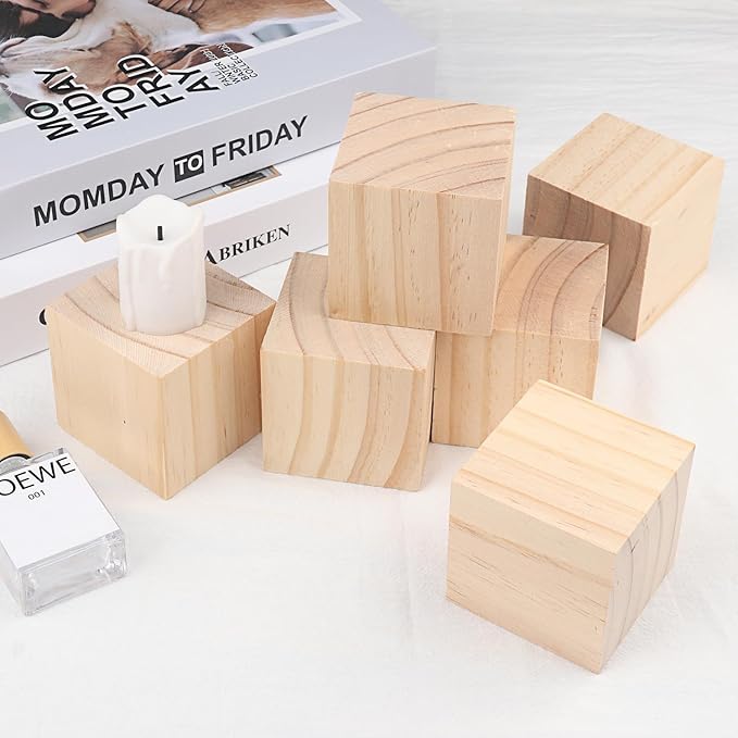 12 Packs Wooden Blocks for Crafts, 3.15 Inch Pine Wood Cubes, Wooden Cubes for Paint, Stamp, Decorate, DIY Projects and Personalized Gifts,by GNIEMCKIN.