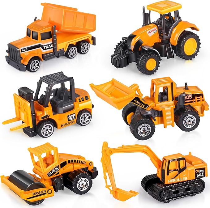 Oriate 28pcs Construction Toys for Kids, 12pcs Mini Diecast Construction Vehicles Toy with Flatbed Transport Trailer, Educational Digger Excavator Bulldozer Forklift Trucks Cake Topper Stickers