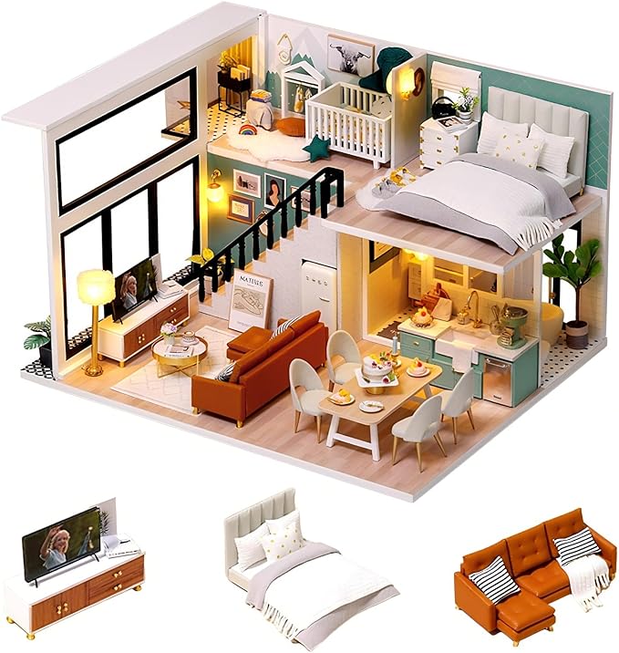 CUTEROOM DIY Miniature Dollhouse Kit with Furniture,Wooden Doll House with Music Movement & LED Lights, DIY House Kit Christmas Birthday Gifts - Comfortable Life