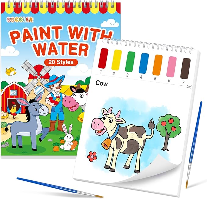 Paint with Water Coloring Books for Toddlers,Farm Theme Mess Free Watercolor Painting Papers for Kids Water Color Paint Kit Art Craft Birthday Gift for Ages 1-3, 4-8