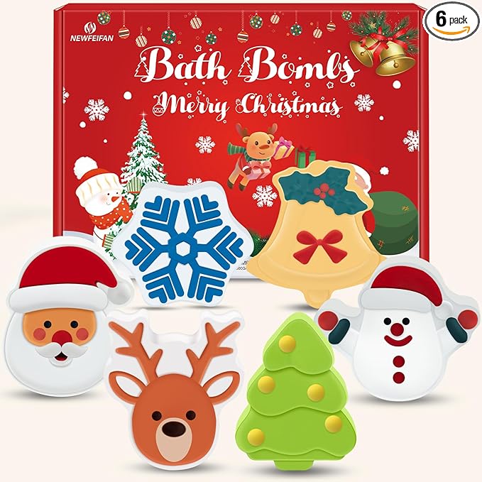 Christmas Bath Bombs Set for Kids,Boys & Girls Stocking Stuffers Gift, Handmade 6 Fun Organic for Children, Gentle Formula Creates, Relaxing Aromas for Women