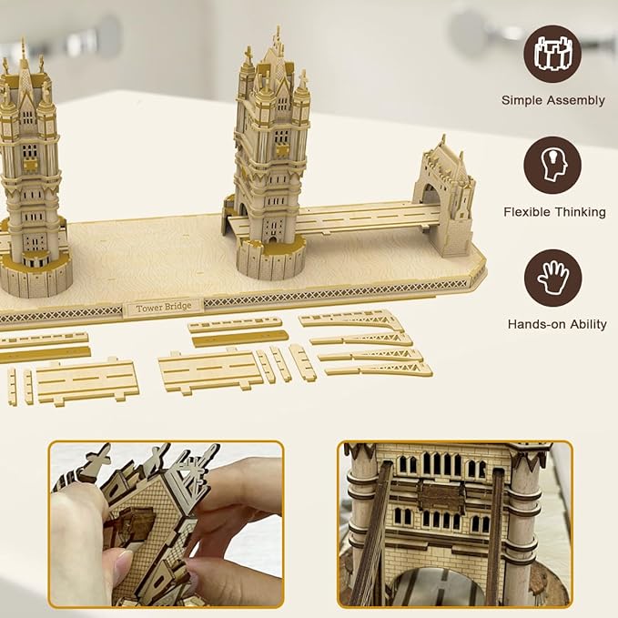 3D Wooden Puzzles for Adults, 3D Puzzle London Tower Bridge Model Kit for Adults, Led Light DIY Games Gift on Birthday Christmas, Building 3D Puzzle