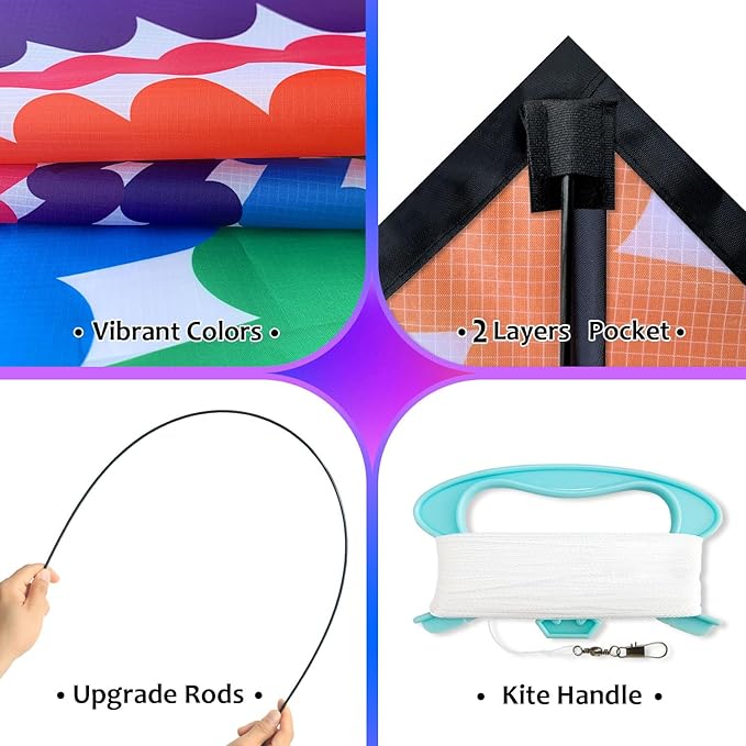 HONBO Large Delta Kite for Kids & Adults,Extremely Easy to Fly Kite for Beach Trip,String Line Included,with Colorful Tail,Perfect for Beginners
