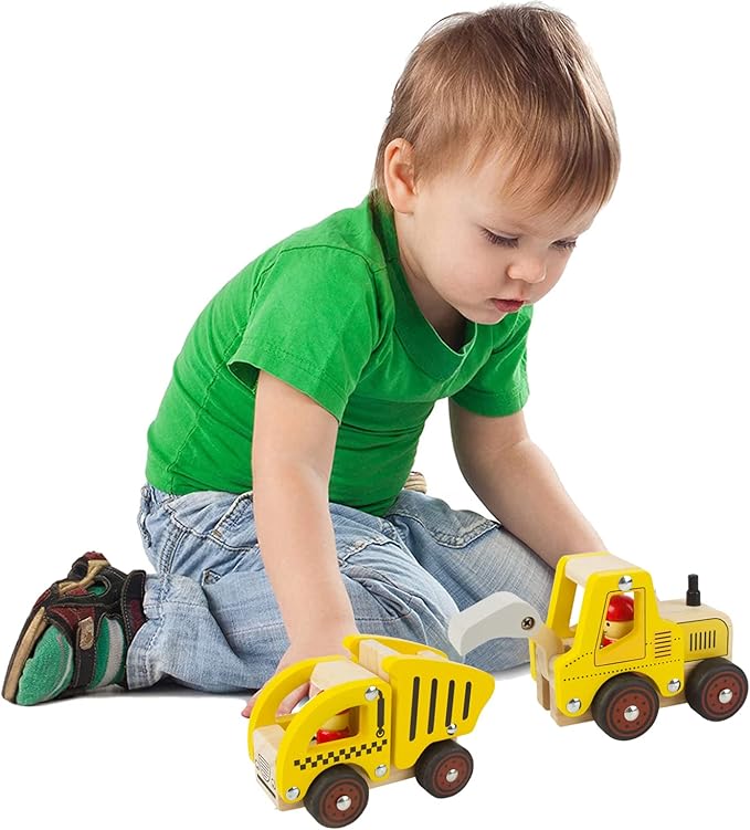 Wooden Push Car Toys for Infants 18 Months, 2 Pcs Baby Vehicle Toys Hand Push Car Toys for 2 Year Old Boys Girls (Excavator + Truck)