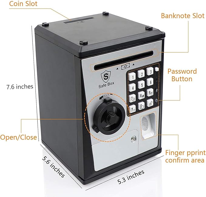 Toy Safe Box, Electronic ATM Piggy Bank, Money Coin Savings Bank, Finger Print Scanner Lock, Great Gift for Children Kids (Silver/Black)