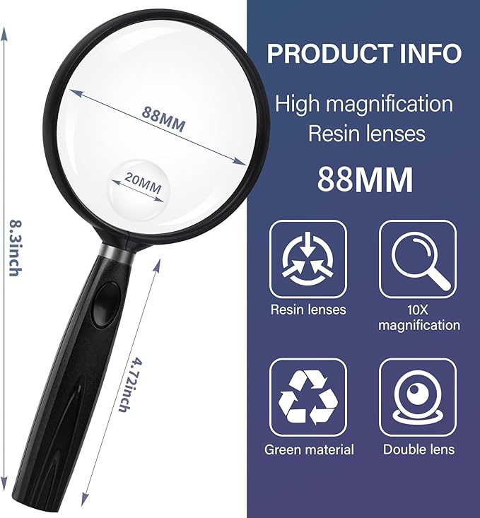 Feosky Handheld Reading Magnifier, 10X 30X Magnifier, 90mm Shatterproof Lens, Non-Slip Handle for Adults Close Work, Seniors Reading and Kids Nature Exploration, Hobby Observation(Black)