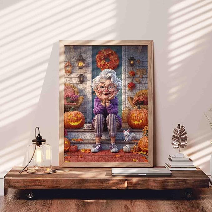 Cheerful Grandma on Porch with Autumn Pumpkins 1000 Piece Jigsaw Puzzle for Adults Students 20×27 Inches Fall Jigsaw with Smiling Elderly Woman Halloween Decor Colorful Leaves Gift for Puzzle Lovers