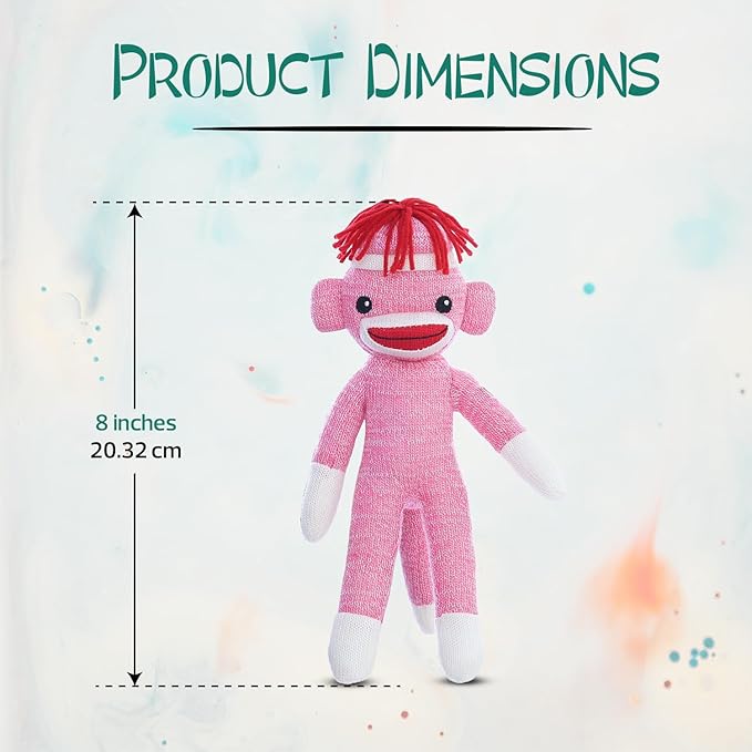 Adorable Sock Monkey 8 inch, The Original Traditional Hand Knitted Stuffed Animal Toy Gift-for Kids, Babies, Teens, Girls and Boys Baby Doll Present Puppet (Pink 8inch)