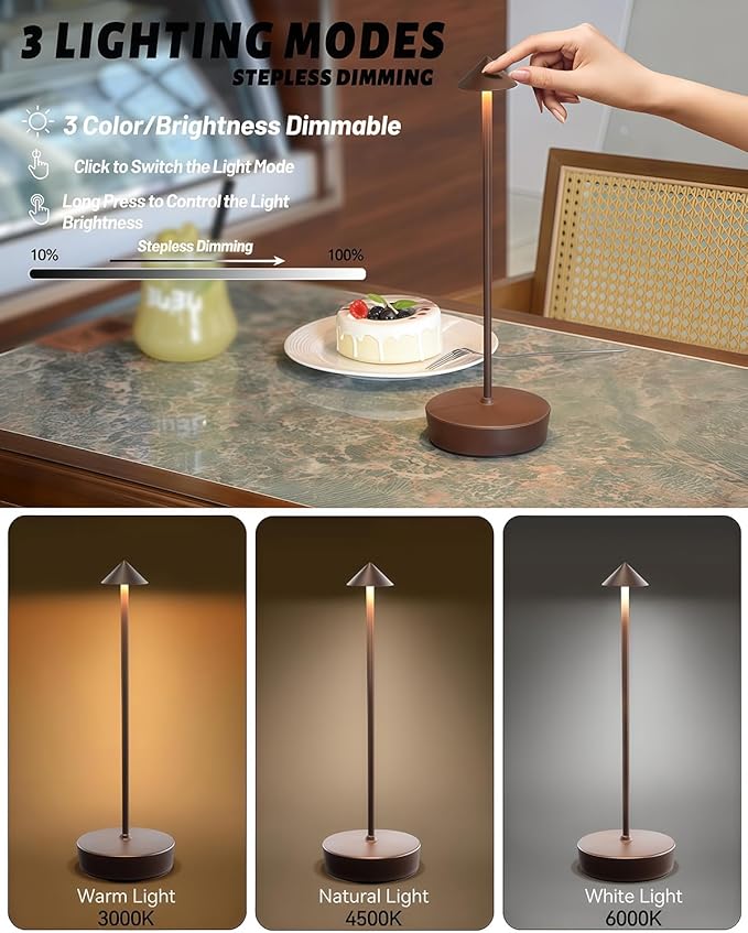 2 Packs Rust Cordless Rechargeable Table Lamp 7200mAh Portable Touch Control LED Dimmable Rusty Table Lamp for Bedroom Reading