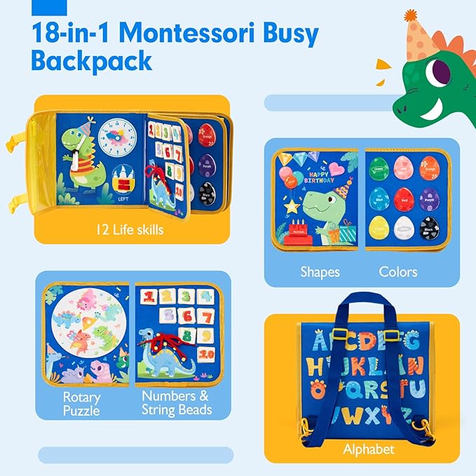 hahaland Toddler Toys Busy Board, Montessori Toys for Baby Boys, Boy Birthday Gift 18 in 1 Preschool Learning Activities with 12 Life Skills-Numbers,String Beads,Shapes,Colors,Puzzles,Alphabet