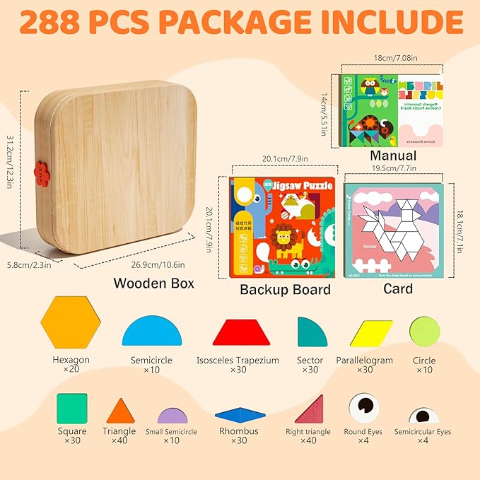 Wooden Magnetic Pattern Blocks Set with Cards, 288 PCS Montessori Tangram Puzzle Learning Toys for Toddlers 4-8, Educational STEM Gift for Kids Boys Girls 4 5 6 7 8