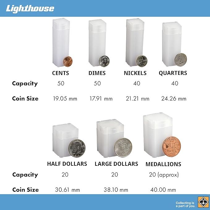 LIGHTHOUSE - Square Coin Tubes - Convenient Push Top, Virtually Unbreakable, Acid Free and Archival Quality - Coin Tubes for US Medallions, 10 Pack